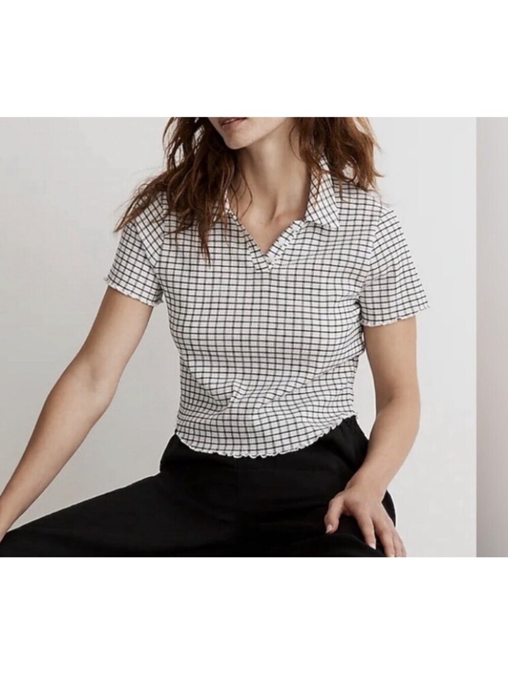 Madewell Womens Crinkle Polo Crop Tee Check Windowpane Short Sleeve Size XL